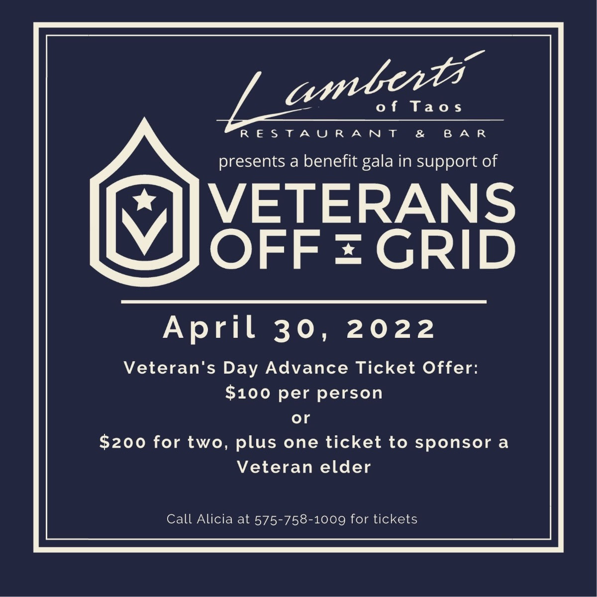 Early Tix Discount) Veterans Offgrid Gala 2022 At Lambert's Of Taos - Live Taos Events Calendar